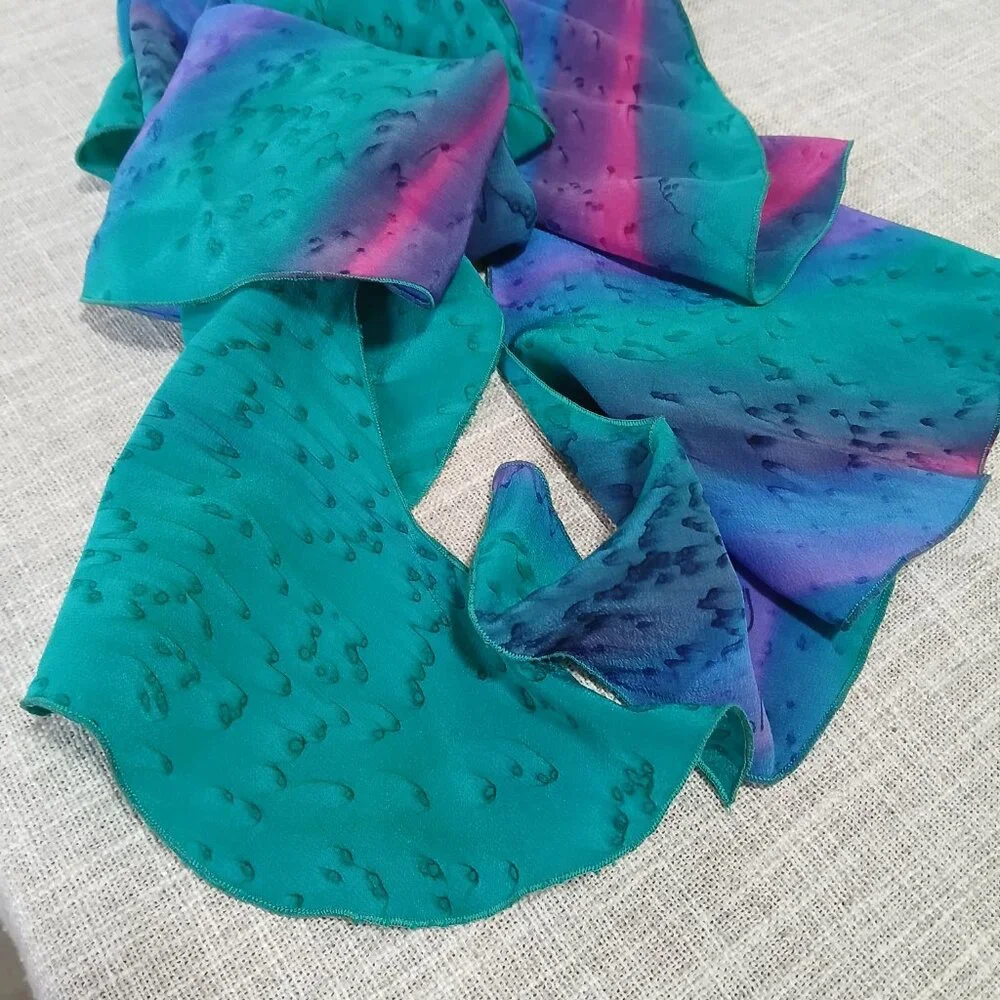 Kriska Swirl Scarf Hand Painted 100% Silk Teal Pink Purple and Blue - Picture 8 of 9